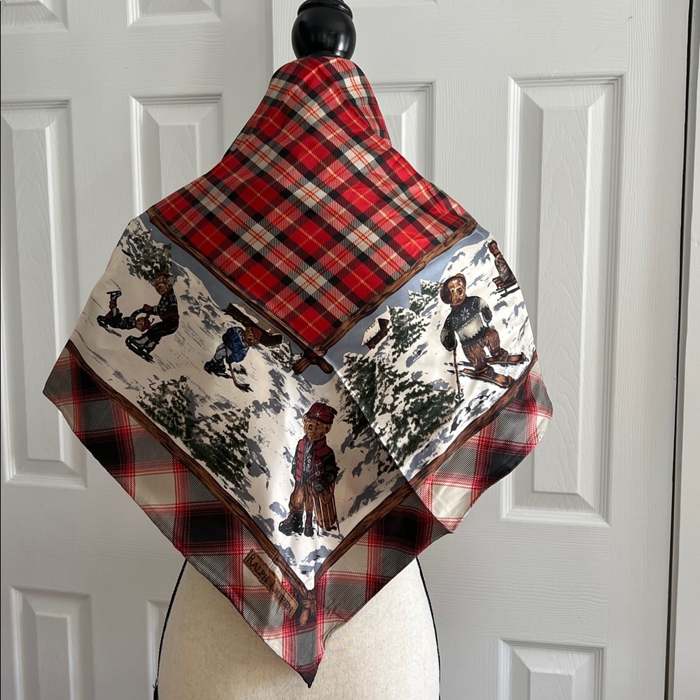 Polo Ralph Lauren Bear Winter Scarf Red Plaid Holiday Ski Skating Rare - Picture 3 of 17